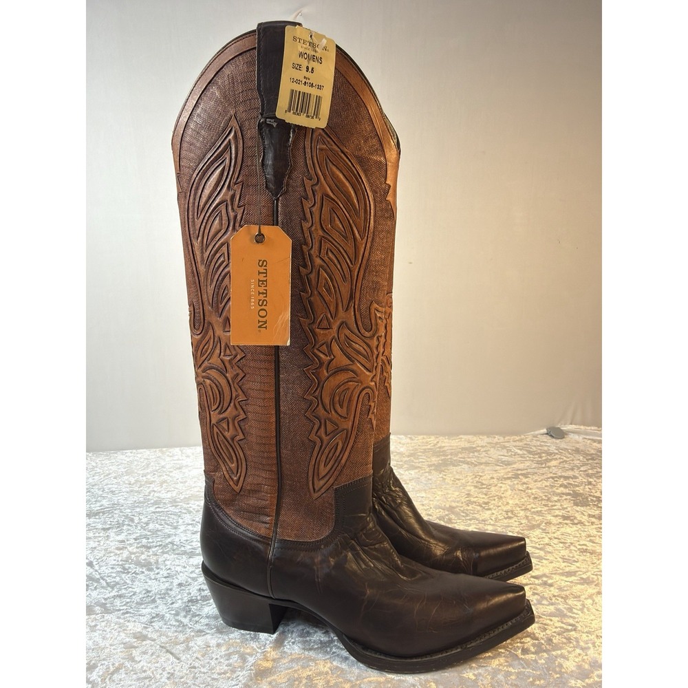Stetson Womens Cowboy Boots 9.5 NWT Leather Tooled Western Brown $375